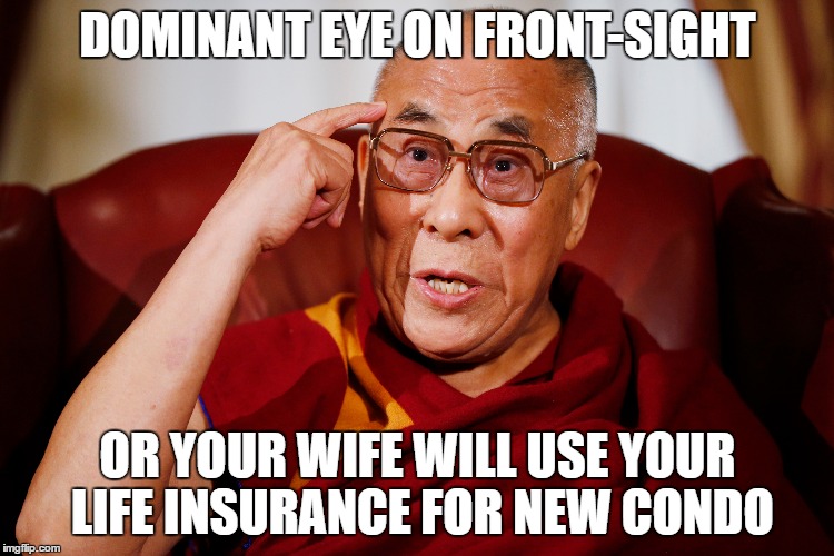 dalai lama front sight |  DOMINANT EYE ON FRONT-SIGHT; OR YOUR WIFE WILL USE YOUR LIFE INSURANCE FOR NEW CONDO | image tagged in dalai-lama,front sight,gun meme | made w/ Imgflip meme maker