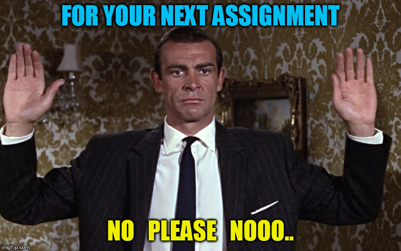 FOR YOUR NEXT ASSIGNMENT; NO   PLEASE   NOOO.. | image tagged in no bond | made w/ Imgflip meme maker