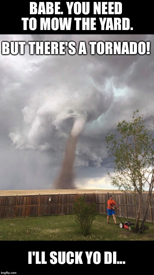 BABE. YOU NEED TO MOW THE YARD. BUT THERE'S A TORNADO! I'LL SUCK YO DI... | image tagged in funny | made w/ Imgflip meme maker