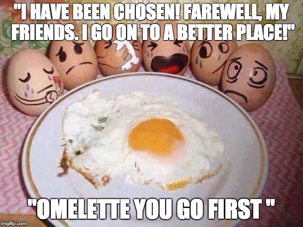 Egg puns for days | "I HAVE BEEN CHOSEN! FAREWELL, MY FRIENDS. I GO ON TO A BETTER PLACE!"; "OMELETTE YOU GO FIRST " | image tagged in eggs,puns,omelette,toy story | made w/ Imgflip meme maker