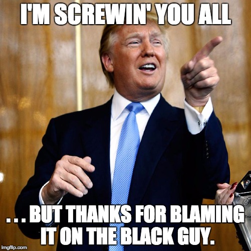 Donald Trump | I'M SCREWIN' YOU ALL; . . . BUT THANKS FOR BLAMING IT ON THE BLACK GUY. | image tagged in donald trump | made w/ Imgflip meme maker