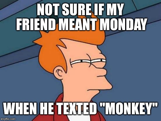 Futurama Fry Meme | NOT SURE IF MY FRIEND MEANT MONDAY; WHEN HE TEXTED "MONKEY" | image tagged in memes,futurama fry | made w/ Imgflip meme maker