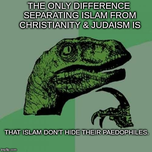 Philosoraptor Meme | THE ONLY DIFFERENCE SEPARATING ISLAM FROM CHRISTIANITY & JUDAISM IS; THAT ISLAM DON'T HIDE THEIR PAEDOPHILES. | image tagged in memes,philosoraptor | made w/ Imgflip meme maker