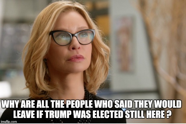 Callista Flockhart | WHY ARE ALL THE PEOPLE WHO SAID THEY WOULD LEAVE IF TRUMP WAS ELECTED STILL HERE ? | image tagged in callista flockhart | made w/ Imgflip meme maker