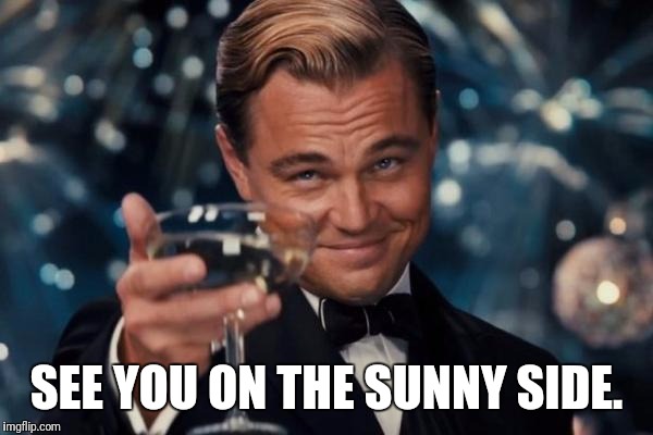 Leonardo Dicaprio Cheers Meme | SEE YOU ON THE SUNNY SIDE. | image tagged in memes,leonardo dicaprio cheers | made w/ Imgflip meme maker