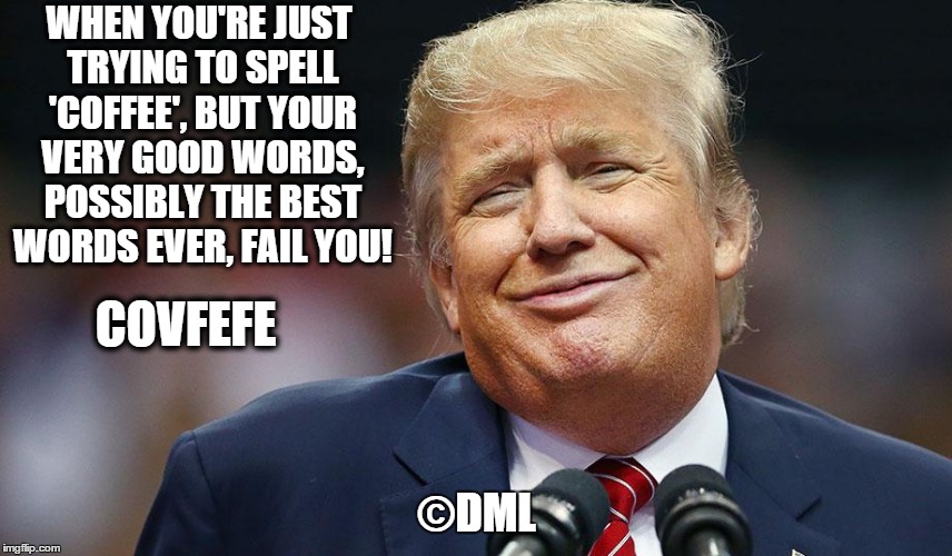 YOU SAY COFFEE, I SAY COVFEFE! | WHEN YOU'RE JUST TRYING TO SPELL 'COFFEE', BUT YOUR VERY GOOD WORDS, POSSIBLY THE BEST WORDS EVER, FAIL YOU! COVFEFE; ©DML | image tagged in covfefe,covfefe week,donald trump | made w/ Imgflip meme maker