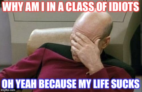Captain Picard Facepalm Meme | WHY AM I IN A CLASS OF IDIOTS; OH YEAH BECAUSE MY LIFE SUCKS | image tagged in memes,captain picard facepalm | made w/ Imgflip meme maker