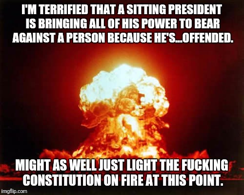Nuclear Explosion Meme | I'M TERRIFIED THAT A SITTING PRESIDENT IS BRINGING ALL OF HIS POWER TO BEAR AGAINST A PERSON BECAUSE HE'S...OFFENDED. MIGHT AS WELL JUST LIGHT THE FUCKING CONSTITUTION ON FIRE AT THIS POINT. | image tagged in memes,nuclear explosion | made w/ Imgflip meme maker