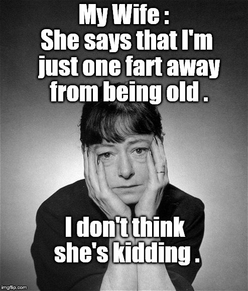 I can't begin to describe the tension I feel, inside. Ya' know? | My Wife : I don't think she's kidding . She says that I'm just one fart away from being old . | image tagged in dorothy parker,my wife,take my wife please,fart,i fart therefore i am | made w/ Imgflip meme maker