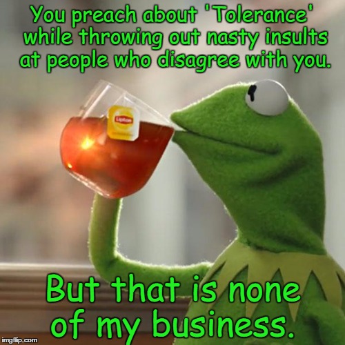 But That's None Of My Business | You preach about 'Tolerance' while throwing out nasty insults at people who disagree with you. But that is none of my business. | image tagged in memes,but thats none of my business,kermit the frog | made w/ Imgflip meme maker