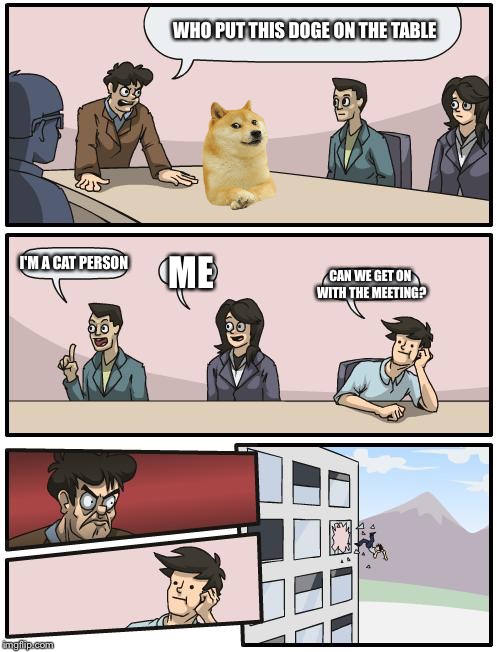 boardroom suggestion | WHO PUT THIS DOGE ON THE TABLE; I'M A CAT PERSON; ME; CAN WE GET ON WITH THE MEETING? | image tagged in boardroom suggestion | made w/ Imgflip meme maker