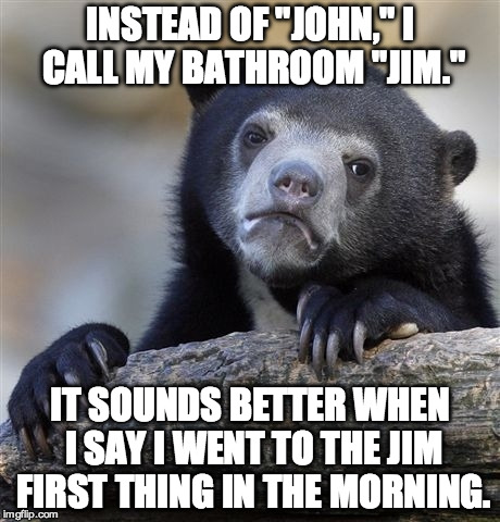 Instead of "John," I call my bathroom "Jim." | INSTEAD OF "JOHN," I CALL MY BATHROOM "JIM."; IT SOUNDS BETTER WHEN I SAY I WENT TO THE JIM FIRST THING IN THE MORNING. | image tagged in memes,confession bear,bathroom,john,jim | made w/ Imgflip meme maker
