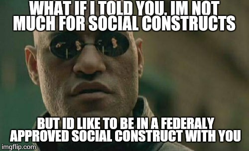 Sometimes you just have to put yourself out there, babe. | WHAT IF I TOLD YOU, IM NOT MUCH FOR SOCIAL CONSTRUCTS; BUT ID LIKE TO BE IN A FEDERALY APPROVED SOCIAL CONSTRUCT WITH YOU | image tagged in memes,matrix morpheus | made w/ Imgflip meme maker