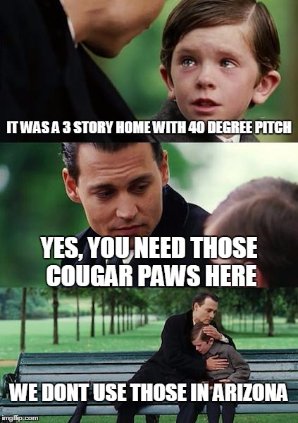 the crying game | IT WAS A 3 STORY HOME WITH 40 DEGREE PITCH; YES, YOU NEED THOSE COUGAR PAWS HERE; WE DONT USE THOSE IN ARIZONA | image tagged in memes | made w/ Imgflip meme maker