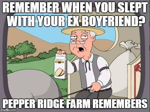 Family Guy Pepper Ridge | REMEMBER WHEN YOU SLEPT WITH YOUR EX BOYFRIEND? PEPPER RIDGE FARM REMEMBERS | image tagged in family guy pepper ridge | made w/ Imgflip meme maker