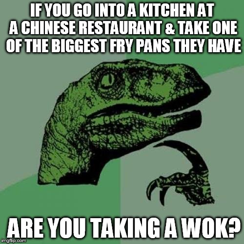 Philosoraptor | IF YOU GO INTO A KITCHEN AT A CHINESE RESTAURANT & TAKE ONE OF THE BIGGEST FRY PANS THEY HAVE; ARE YOU TAKING A WOK? | image tagged in memes,philosoraptor,take a wok,chinese | made w/ Imgflip meme maker