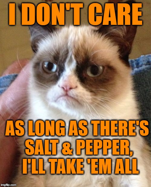 Grumpy Cat Meme | I DON'T CARE AS LONG AS THERE'S SALT & PEPPER,  I'LL TAKE 'EM ALL | image tagged in memes,grumpy cat | made w/ Imgflip meme maker