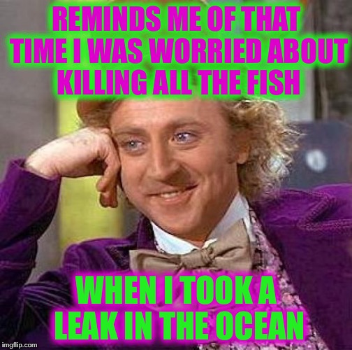 Creepy Condescending Wonka Meme | REMINDS ME OF THAT TIME I WAS WORRIED ABOUT KILLING ALL THE FISH WHEN I TOOK A LEAK IN THE OCEAN | image tagged in memes,creepy condescending wonka | made w/ Imgflip meme maker
