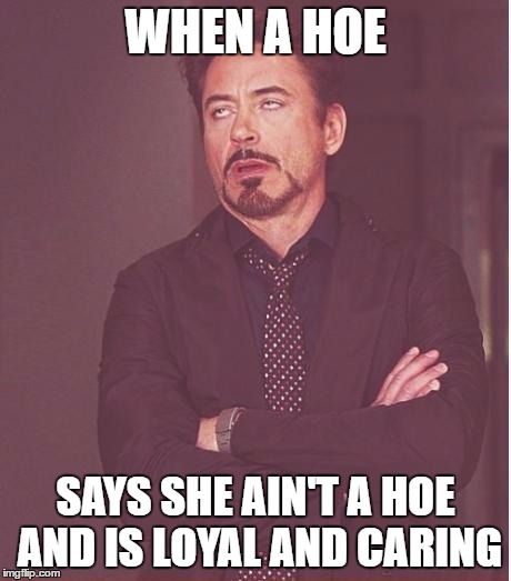 Face You Make Robert Downey Jr Meme | WHEN A HOE; SAYS SHE AIN'T A HOE AND IS LOYAL AND CARING | image tagged in memes,face you make robert downey jr | made w/ Imgflip meme maker