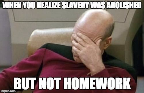 Captain Picard Facepalm Meme | WHEN YOU REALIZE SLAVERY WAS ABOLISHED; BUT NOT HOMEWORK | image tagged in memes,captain picard facepalm | made w/ Imgflip meme maker