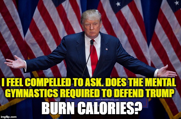 Donald Trump | I FEEL COMPELLED TO ASK. DOES THE MENTAL GYMNASTICS REQUIRED TO DEFEND TRUMP; BURN CALORIES? | image tagged in donald trump | made w/ Imgflip meme maker
