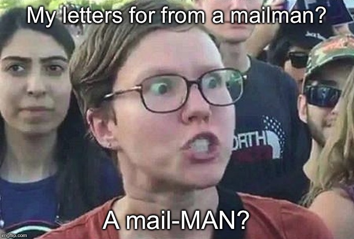 Triggered Liberal | My letters for from a mailman? A mail-MAN? | image tagged in triggered liberal | made w/ Imgflip meme maker