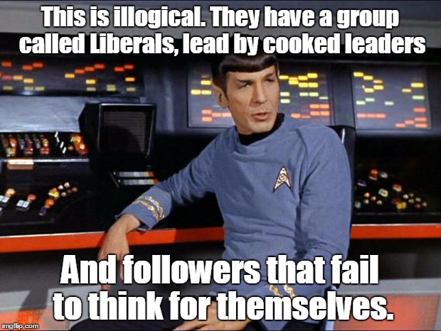 spock | This is illogical. They have a group called Liberals, lead by cooked leaders; And followers that fail to think for themselves. | image tagged in spock | made w/ Imgflip meme maker