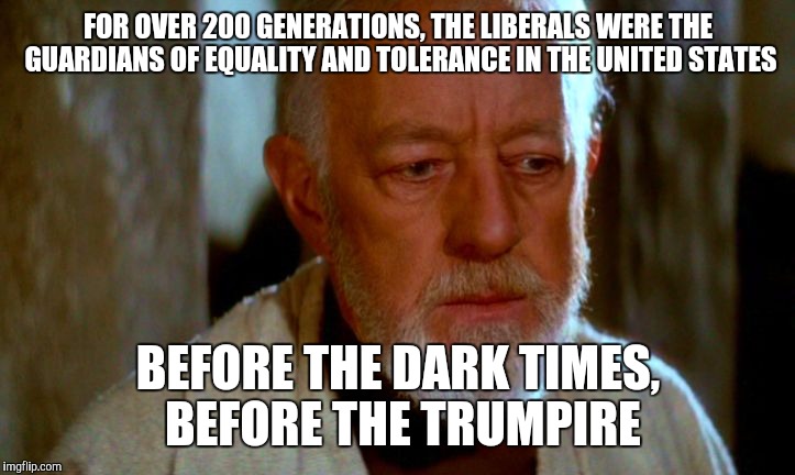 Thoughtful Obi-Wan Kenobi | FOR OVER 200 GENERATIONS, THE LIBERALS WERE THE GUARDIANS OF EQUALITY AND TOLERANCE IN THE UNITED STATES; BEFORE THE DARK TIMES, BEFORE THE TRUMPIRE | image tagged in thoughtful obi-wan kenobi | made w/ Imgflip meme maker