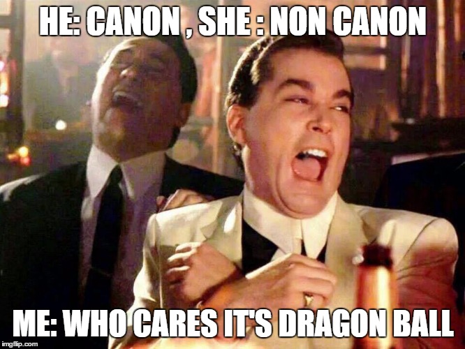Canon of Non Canon DB Discussion | HE: CANON , SHE : NON CANON; ME: WHO CARES IT'S DRAGON BALL | image tagged in canon noncanon discussion dragonball | made w/ Imgflip meme maker
