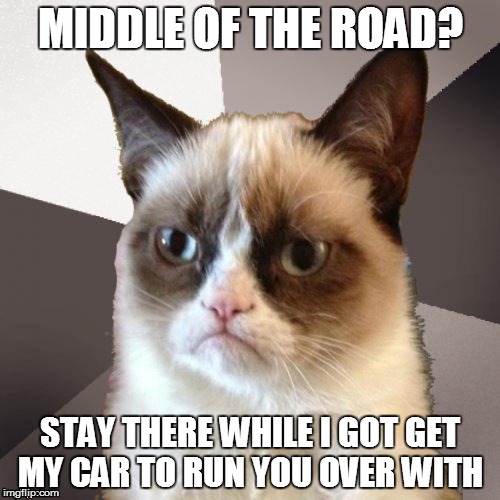 Musically Malicious Grumpy Cat | MIDDLE OF THE ROAD? STAY THERE WHILE I GOT GET MY CAR TO RUN YOU OVER WITH | image tagged in musically malicious grumpy cat,grumpy cat | made w/ Imgflip meme maker