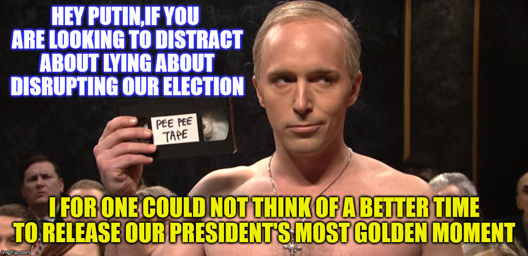 Put it on Streaming video  | HEY PUTIN,IF YOU ARE LOOKING TO DISTRACT ABOUT LYING ABOUT DISRUPTING OUR ELECTION; I FOR ONE COULD NOT THINK OF A BETTER TIME TO RELEASE OUR PRESIDENT'S MOST GOLDEN MOMENT | image tagged in vladimir putin,donald trump | made w/ Imgflip meme maker