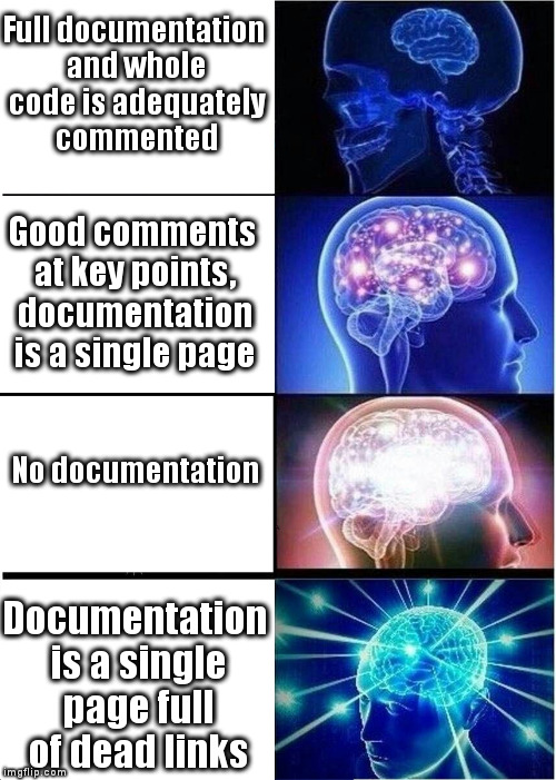 Expanding Brain Meme | Full documentation and whole code is adequately commented; Good comments at key points, documentation is a single page; No documentation; Documentation is a single page full of dead links | image tagged in expanding brain | made w/ Imgflip meme maker