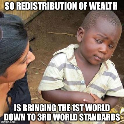 Third World Skeptical Kid Meme | SO REDISTRIBUTION OF WEALTH; IS BRINGING THE 1ST WORLD DOWN TO 3RD WORLD STANDARDS | image tagged in memes,third world skeptical kid | made w/ Imgflip meme maker