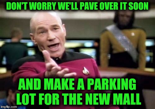 Picard Wtf Meme | DON'T WORRY WE'LL PAVE OVER IT SOON AND MAKE A PARKING LOT FOR THE NEW MALL | image tagged in memes,picard wtf | made w/ Imgflip meme maker