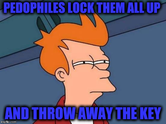 Futurama Fry Meme | PEDOPHILES LOCK THEM ALL UP AND THROW AWAY THE KEY | image tagged in memes,futurama fry | made w/ Imgflip meme maker