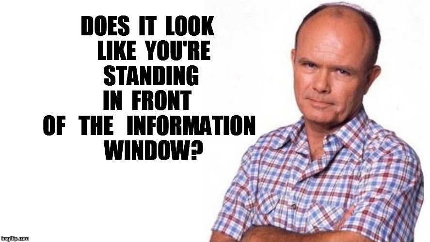 DOES  IT  LOOK   LIKE  YOU'RE  STANDING  IN  FRONT   OF   THE   INFORMATION   WINDOW? | made w/ Imgflip meme maker