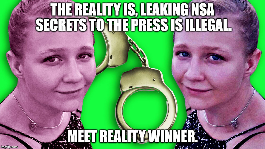 THE REALITY IS, LEAKING NSA SECRETS TO THE PRESS IS ILLEGAL. MEET REALITY WINNER. | made w/ Imgflip meme maker