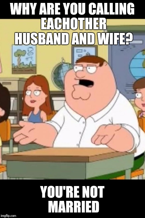 Who the hell cares? | WHY ARE YOU CALLING EACHOTHER HUSBAND AND WIFE? YOU'RE NOT MARRIED | image tagged in who the hell cares,peter griffin,not married yet,husband,wife | made w/ Imgflip meme maker