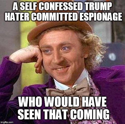 Creepy Condescending Wonka Meme | A SELF CONFESSED TRUMP HATER COMMITTED ESPIONAGE; WHO WOULD HAVE SEEN THAT COMING | image tagged in memes,creepy condescending wonka | made w/ Imgflip meme maker