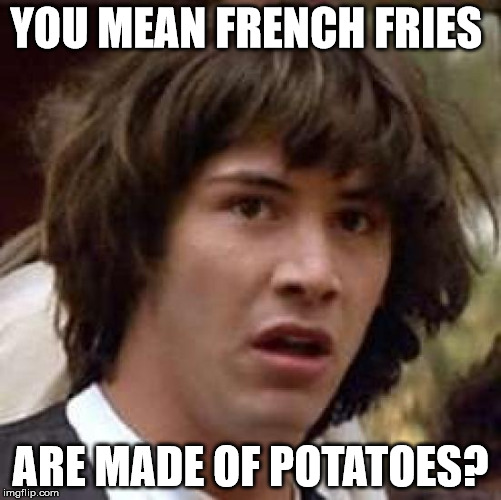 Conspiracy Keanu Meme | YOU MEAN FRENCH FRIES ARE MADE OF POTATOES? | image tagged in memes,conspiracy keanu | made w/ Imgflip meme maker