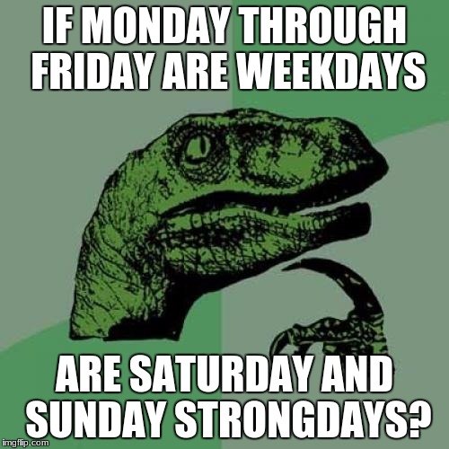 Philosoraptor | IF MONDAY THROUGH FRIDAY ARE WEEKDAYS; ARE SATURDAY AND SUNDAY STRONGDAYS? | image tagged in memes,philosoraptor | made w/ Imgflip meme maker