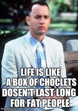 Forest gump | LIFE IS LIKE A BOX OF CHOCLETS; DOSEN'T LAST LONG FOR FAT PEOPLE | image tagged in forest gump | made w/ Imgflip meme maker