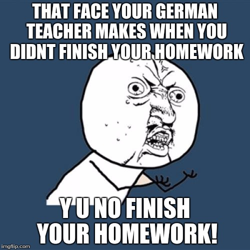 Y U No | THAT FACE YOUR GERMAN TEACHER MAKES WHEN YOU DIDNT FINISH YOUR HOMEWORK; Y U NO FINISH YOUR HOMEWORK! | image tagged in memes,y u no | made w/ Imgflip meme maker