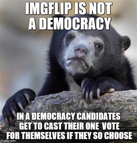 Confession Bear | IMGFLIP IS NOT A DEMOCRACY; IN A DEMOCRACY CANDIDATES GET TO CAST THEIR ONE  VOTE FOR THEMSELVES IF THEY SO CHOOSE | image tagged in memes,confession bear | made w/ Imgflip meme maker