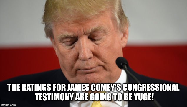  James Comey's congressional testimony | THE RATINGS FOR JAMES COMEY'S CONGRESSIONAL TESTIMONY ARE GOING TO BE YUGE! | image tagged in james comey,donald trump | made w/ Imgflip meme maker