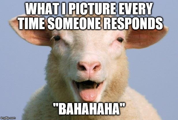 Derp Sheep | WHAT I PICTURE EVERY TIME SOMEONE RESPONDS; "BAHAHAHA" | image tagged in derp sheep | made w/ Imgflip meme maker