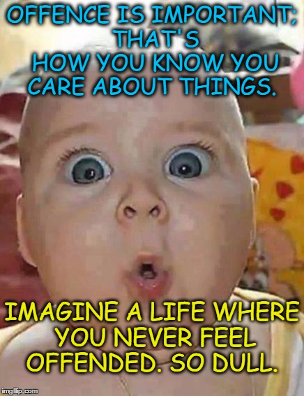 Super-surprised baby | OFFENCE IS IMPORTANT; THAT'S HOW YOU KNOW YOU CARE ABOUT THINGS. IMAGINE A LIFE WHERE YOU NEVER FEEL OFFENDED. SO DULL. | image tagged in super-surprised baby | made w/ Imgflip meme maker