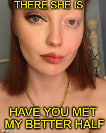 She has become half the girl she once was  | THERE SHE IS; HAVE YOU MET MY BETTER HALF | image tagged in halfway,memes,funny,makeup fail,girls be like | made w/ Imgflip meme maker