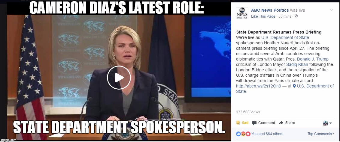 CAMERON DIAZ'S LATEST ROLE:; STATE DEPARTMENT SPOKESPERSON. | image tagged in maga,spokesperson,state department | made w/ Imgflip meme maker