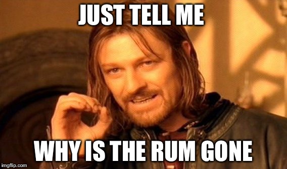 One Does Not Simply | JUST TELL ME; WHY IS THE RUM GONE | image tagged in memes,one does not simply | made w/ Imgflip meme maker